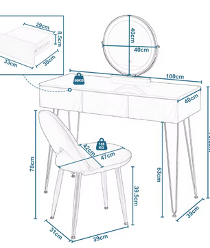 Kaptafel met LED-Spiegel & Fluwelen Stoel – 3 Lades, Wit & Goud