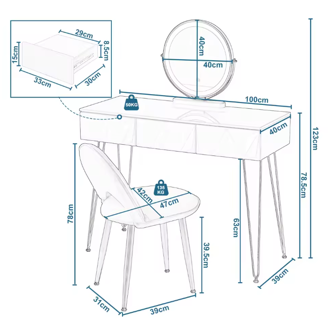 Kaptafel met LED-Spiegel & Fluwelen Stoel – 3 Lades, Wit & Goud