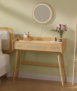 Kaptafel met Verlichte Spiegel – Rotanlook & 3 Lades, Boho Stijl