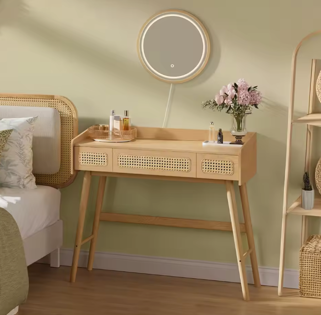 Kaptafel met Verlichte Spiegel – Rotanlook & 3 Lades, Boho Stijl