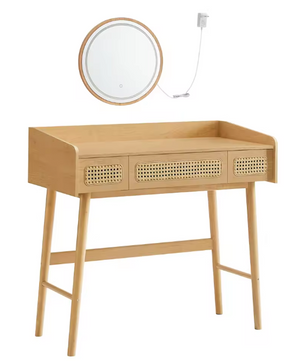 Kaptafel met Verlichte Spiegel – Rotanlook & 3 Lades, Boho Stijl