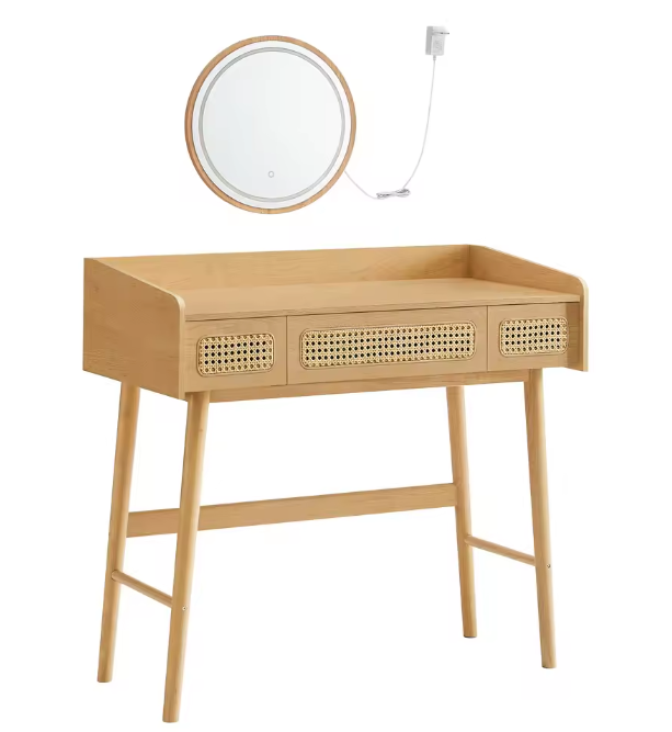 Kaptafel met Verlichte Spiegel – Rotanlook & 3 Lades, Boho Stijl