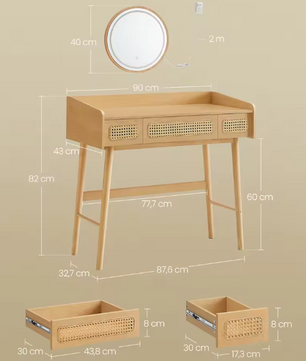 Kaptafel met Verlichte Spiegel – Rotanlook & 3 Lades, Boho Stijl