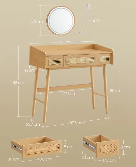 Kaptafel met Verlichte Spiegel – Rotanlook & 3 Lades, Boho Stijl