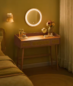 Kaptafel met Verlichte Spiegel – Rotanlook & 3 Lades, Boho Stijl