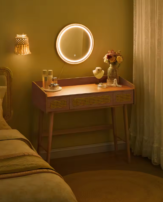 Kaptafel met Verlichte Spiegel – Rotanlook & 3 Lades, Boho Stijl