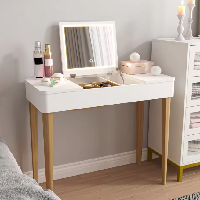 Kaptafel met LED-Spiegel – Wit, Massief Hout & Opbergruimte