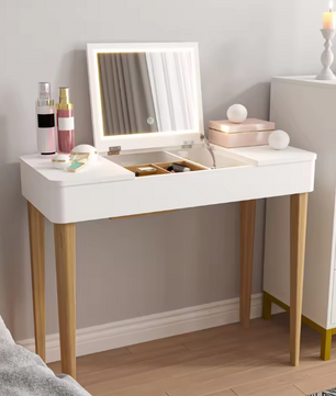 Kaptafel met LED-Spiegel – Wit, Massief Hout & Opbergruimte