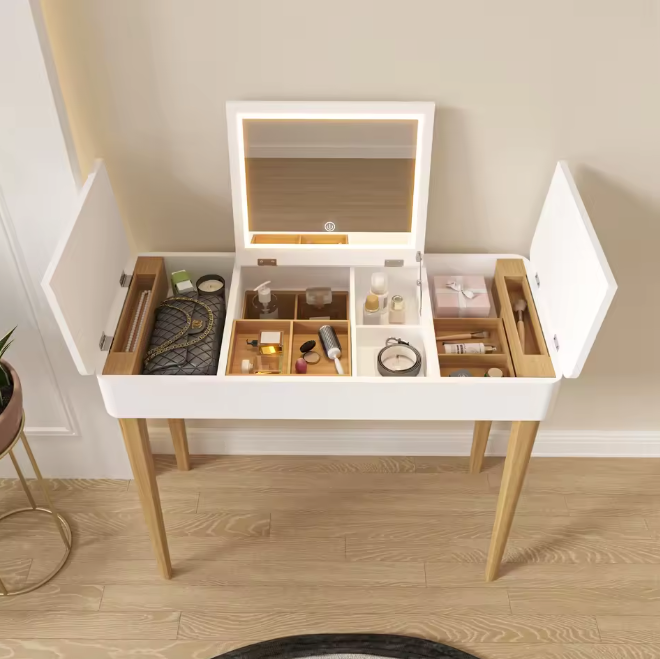 Kaptafel met LED-Spiegel – Wit, Massief Hout & Opbergruimte