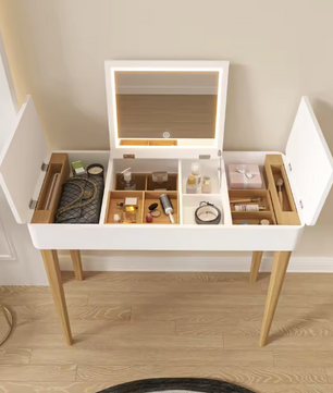 Kaptafel met LED-Spiegel – Wit, Massief Hout & Opbergruimte