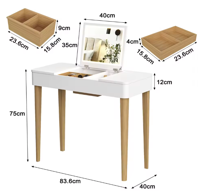 Kaptafel met LED-Spiegel – Wit, Massief Hout & Opbergruimte