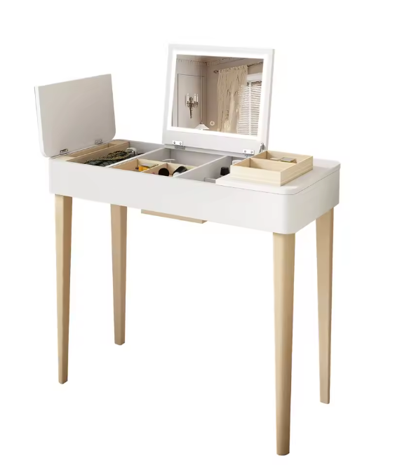 Kaptafel met LED-Spiegel – Wit, Massief Hout & Opbergruimte