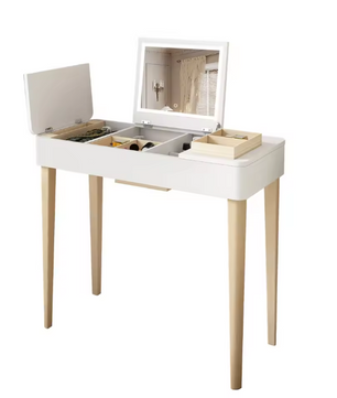 Kaptafel met LED-Spiegel – Wit, Massief Hout & Opbergruimte