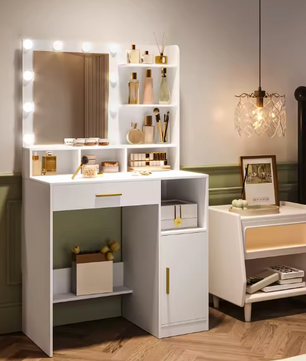 Kaptafel met LED-Spiegel – 10 Lampen, Planken & Lade, Wit