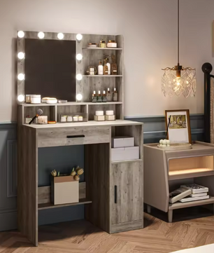 Kaptafel met LED-Spiegel – 10 Lampen, Planken & Lade, Wit