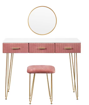 Kaptafel met Spiegel, Kruk & 3 Lades – Roze Fluweel & Metaal