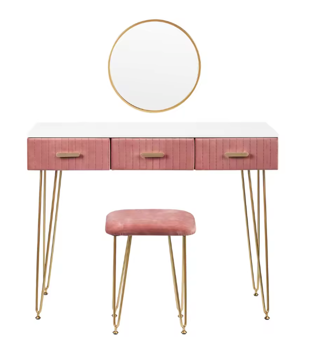 Kaptafel met Spiegel, Kruk & 3 Lades – Roze Fluweel & Metaal