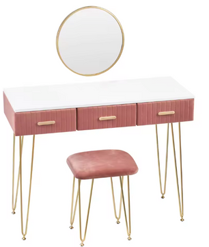 Kaptafel met Spiegel, Kruk & 3 Lades – Roze Fluweel & Metaal