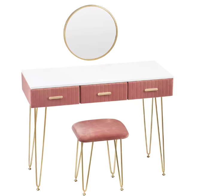 Kaptafel met Spiegel, Kruk & 3 Lades – Roze Fluweel & Metaal
