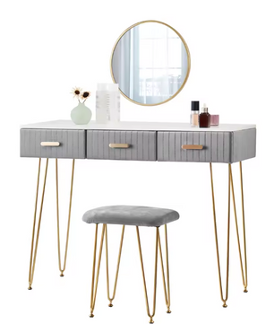 Kaptafel met Spiegel, Kruk & 3 Lades – Roze Fluweel & Metaal