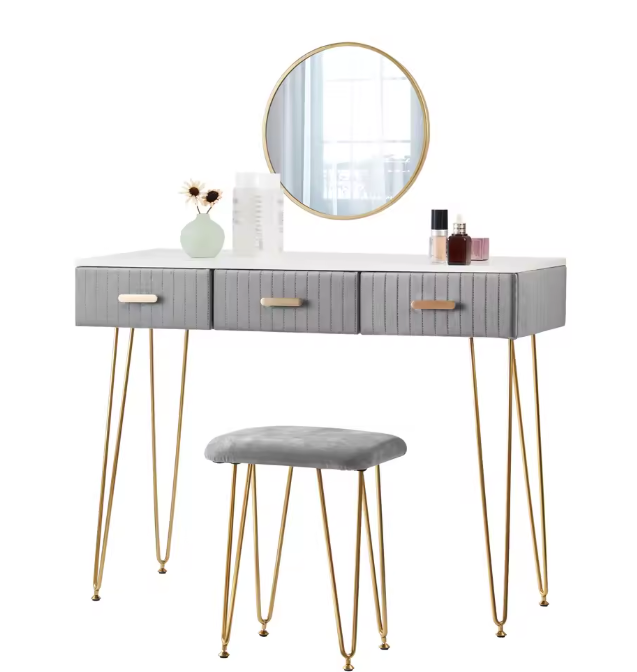 Kaptafel met Spiegel, Kruk & 3 Lades – Roze Fluweel & Metaal