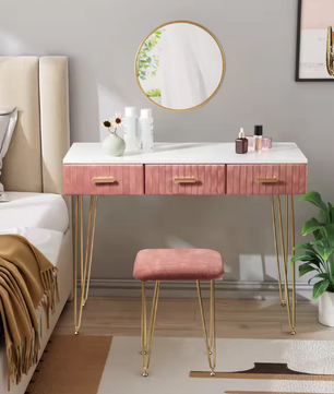 Kaptafel met Spiegel, Kruk & 3 Lades – Roze Fluweel & Metaal