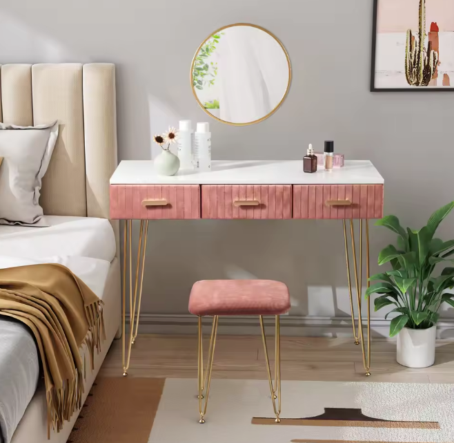 Kaptafel met Spiegel, Kruk & 3 Lades – Roze Fluweel & Metaal