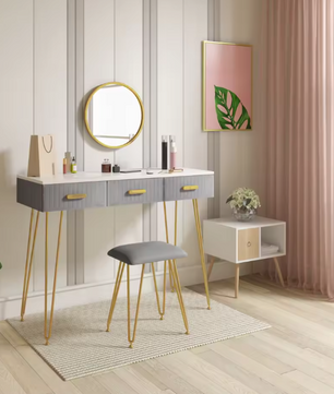 Kaptafel met Spiegel, Kruk & 3 Lades – Roze Fluweel & Metaal
