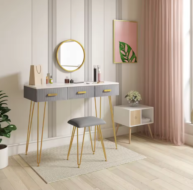 Kaptafel met Spiegel, Kruk & 3 Lades – Roze Fluweel & Metaal