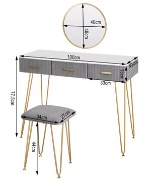 Kaptafel met Spiegel, Kruk & 3 Lades – Roze Fluweel & Metaal