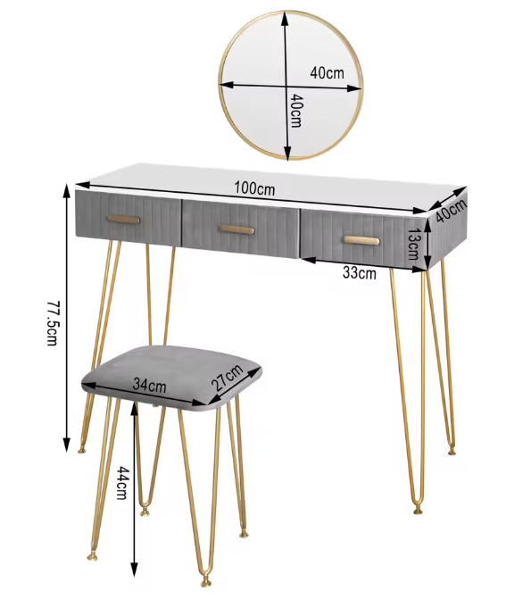 Kaptafel met Spiegel, Kruk & 3 Lades – Roze Fluweel & Metaal