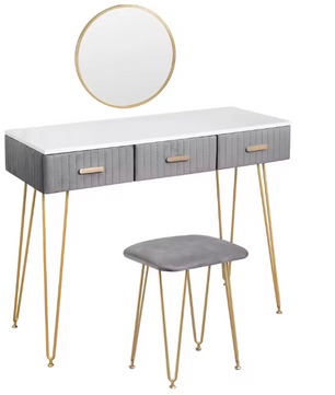 Kaptafel met Spiegel, Kruk & 3 Lades – Roze Fluweel & Metaal