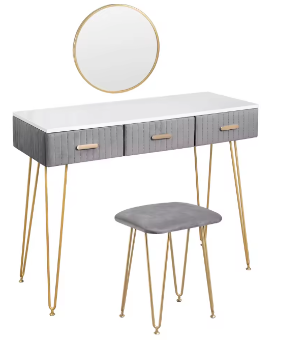 Kaptafel met Spiegel, Kruk & 3 Lades – Roze Fluweel & Metaal