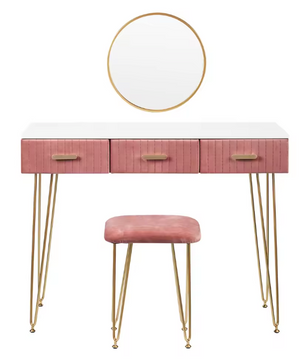 Kaptafel met Spiegel, Kruk & 3 Lades – Roze Fluweel & Metaal