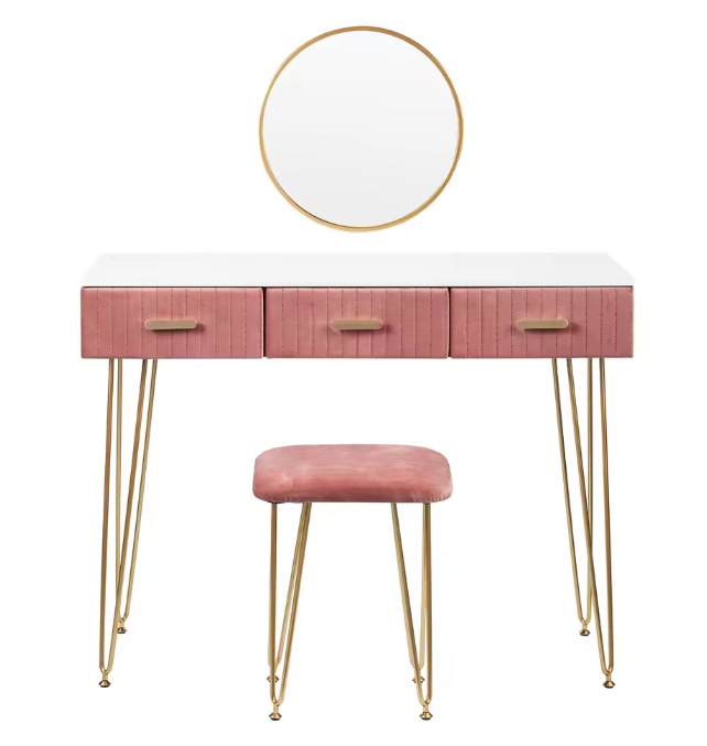 Kaptafel met Spiegel, Kruk & 3 Lades – Roze Fluweel & Metaal