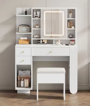 Witte Kaptafel met Spiegel, Kruk & Verlichting – 100 cm
