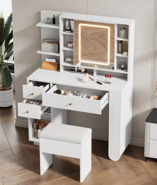 Witte Kaptafel met Spiegel, Kruk & Verlichting – 100 cm