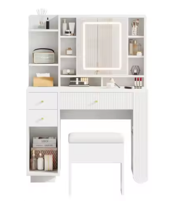 Witte Kaptafel met Spiegel, Kruk & Verlichting – 100 cm
