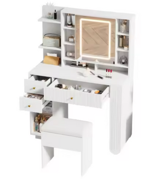 Witte Kaptafel met Spiegel, Kruk & Verlichting – 100 cm
