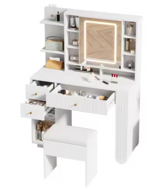 Witte Kaptafel met Spiegel, Kruk & Verlichting – 100 cm