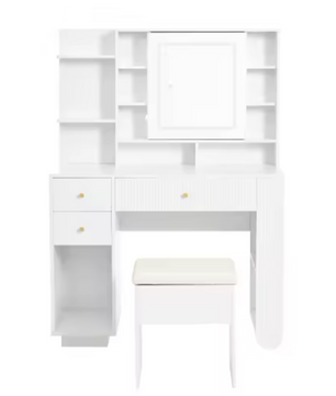 Witte Kaptafel met Spiegel, Kruk & Verlichting – 100 cm
