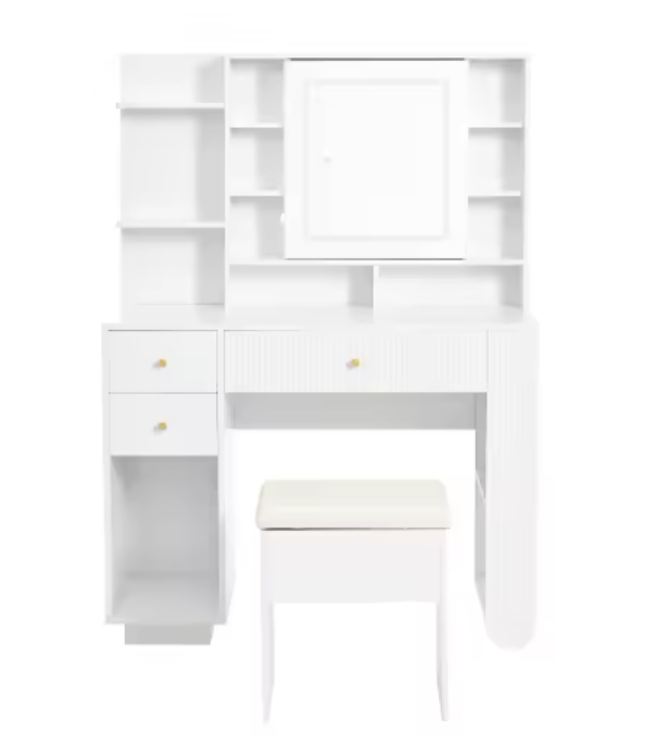 Witte Kaptafel met Spiegel, Kruk & Verlichting – 100 cm