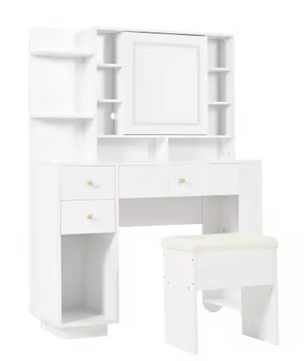 Witte Kaptafel met Spiegel, Kruk & Verlichting – 100 cm
