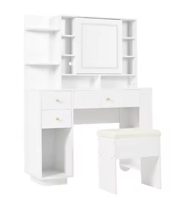 Witte Kaptafel met Spiegel, Kruk & Verlichting – 100 cm