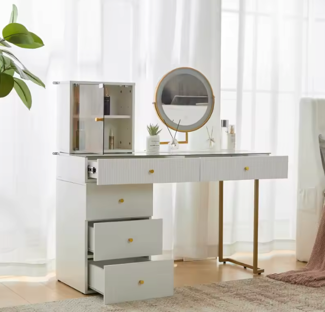 Kaptafel met LED-Spiegel – Glazen Blad & Modulaire Kast, 120 cm