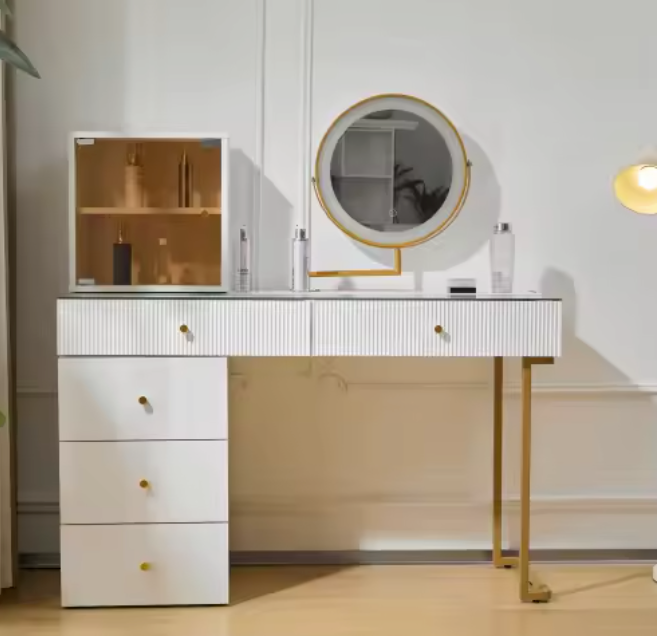 Kaptafel met LED-Spiegel – Glazen Blad & Modulaire Kast, 120 cm