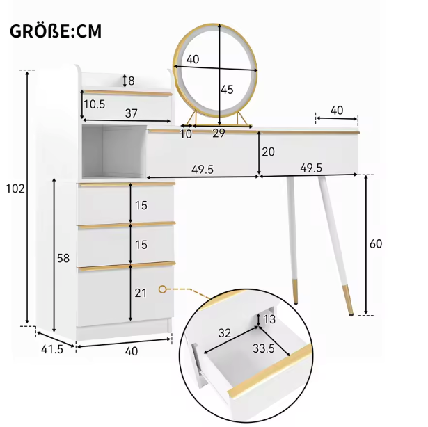Luxe kaptafel met LED-verlichting en 6 lades – uitschuifbaar