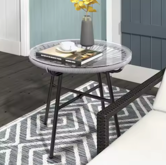 Ronde bistrotafel 50 cm met glazen blad en rotan rand