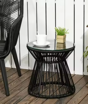 Ronde bistrotafel 40 cm met glazen blad en rotan frame