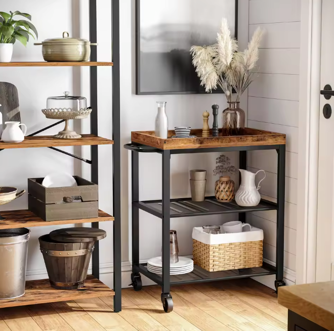 Industriële serveerwagen 3-laags met houtlook en wielen